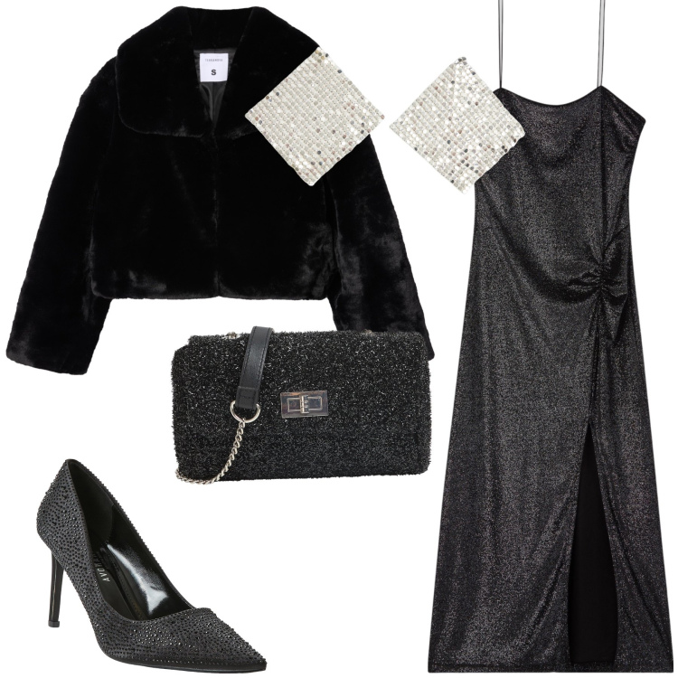 Outfit donna - Brilliamo sempre!. Stile Glamour per Serata fuori. Abbinamento con décolleté, borse a tracolla, orecchini, vestiti lunghi, ecopellicce.