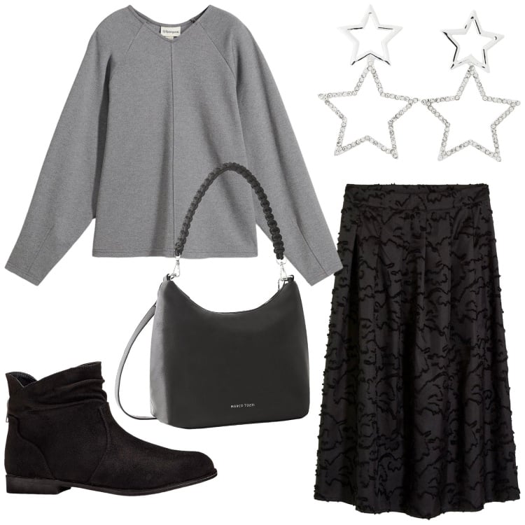 Outfit donna - Total look #2276051. Stile Romantica per Ufficio. Abbinamento con gonne longuette, stivaletti, borse a mano, maglieria, orecchini.