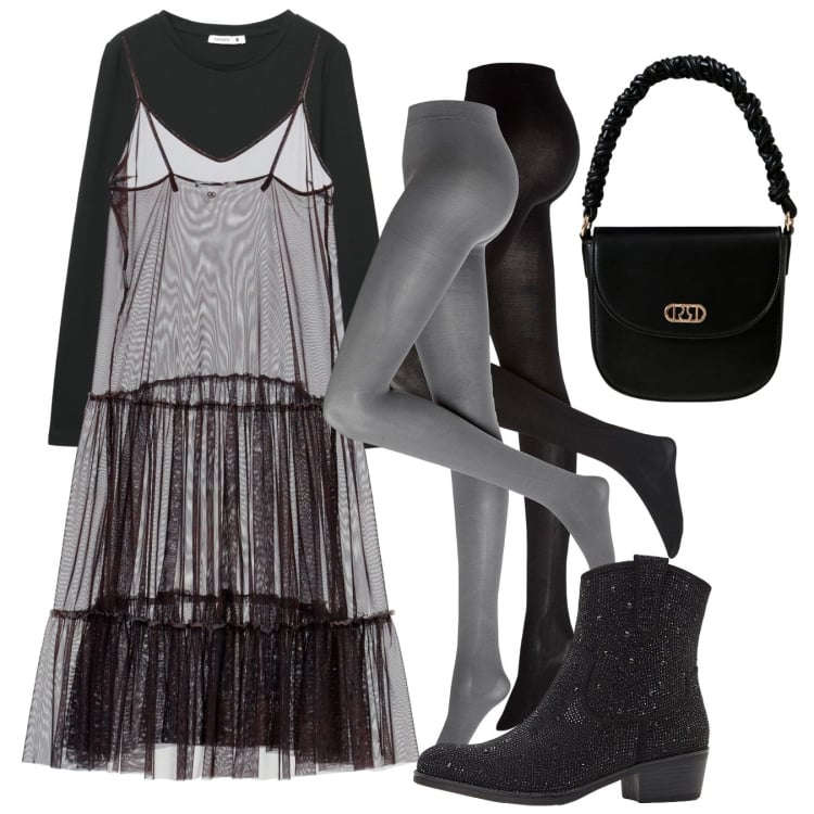 Outfit donna - Serata esagerata. Stile Urban per Serata fuori. Abbinamento con collant, stivaletti texani, t-shirt, borse a mano, vestiti lunghi.