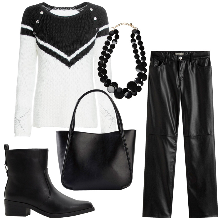 Outfit donna - Total look #2276070. Stile Minimal per Serata fuori. Abbinamento con pantaloni, maglieria, shopping bag, stivaletti, collane.