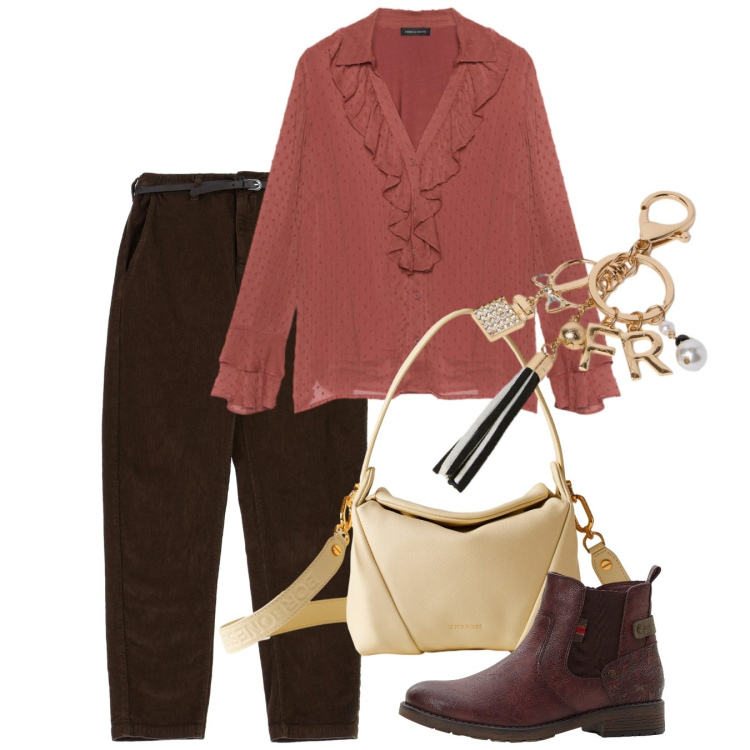 Outfit donna - Il portachiavi. Stile Romantica per Tutti i giorni. Abbinamento con stivaletti chelsea, pantaloni chino, borse a spalla, bluse, portachiavi.