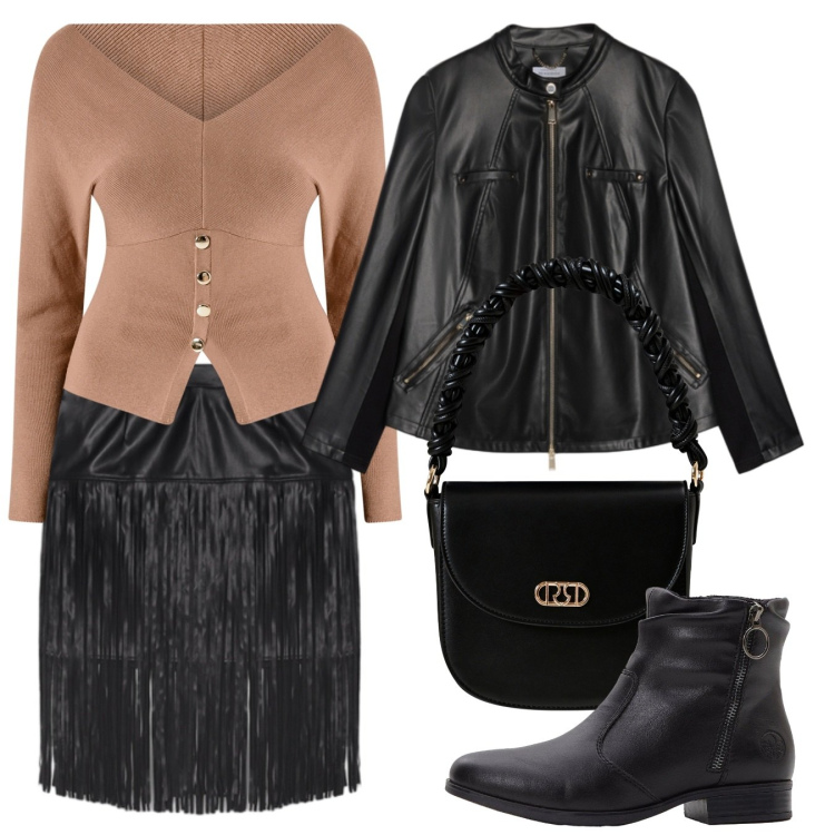Outfit donna - Ecopelle rock. Stile Chic per Serata fuori. Abbinamento con stivaletti, maglieria, borse a mano, giacche, minigonne.