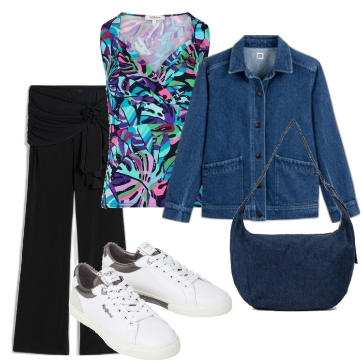 Outfit mujer - Casual look. Estilo Casual para Todos los días. Combinación con camisetas sin mangas, sneakers, blazers, bandoleras, pantalones.