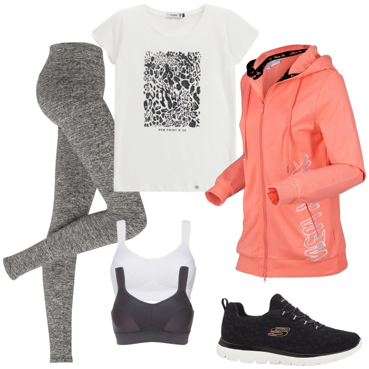 Outfit donna - Sporty style. Stile Sporty chic per Sport. Abbinamento con leggings, sneakers, reggiseni, felpe con cappuccio, t-shirt.