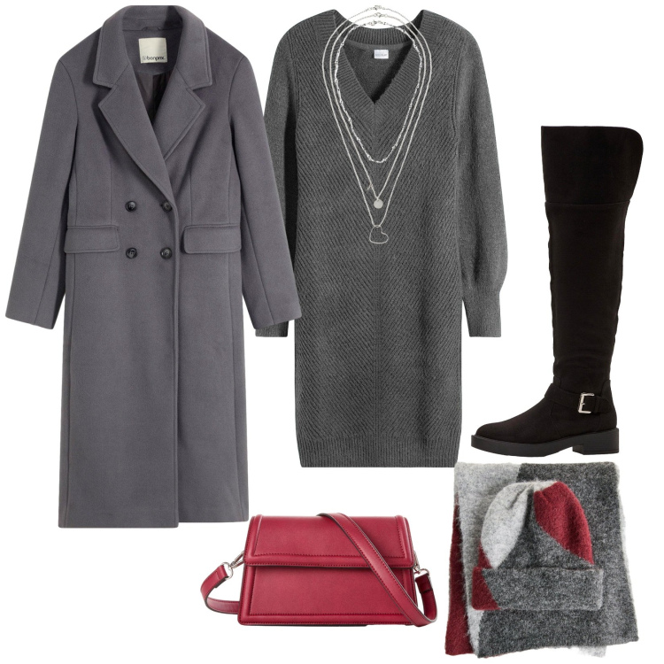 Outfit donna - Total look #2276087. Stile Casual chic per Serata fuori. Abbinamento con stivali sopra il ginocchio, vestiti, collane, cappotti, borse a tracolla, sciarpe.