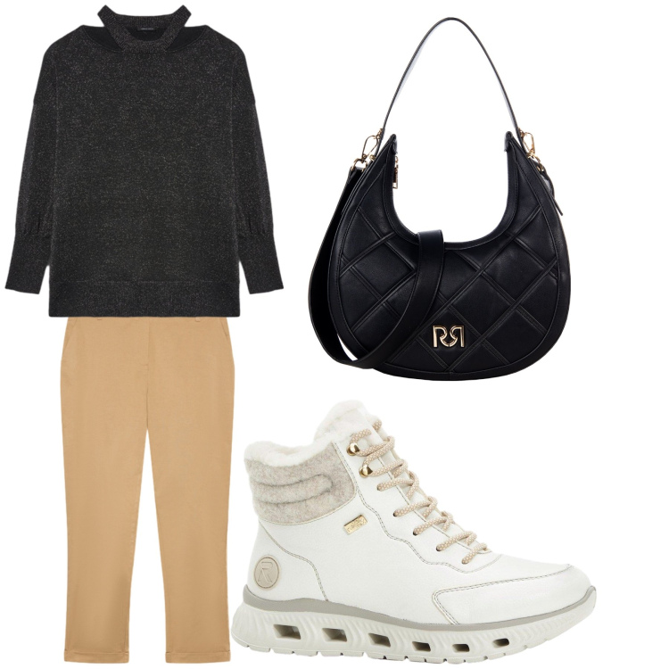 Outfit donna - Aperitivo. Stile Trendy per Tutti i giorni. Abbinamento con stivaletti, borse a tracolla, pantaloni chino, maglieria.