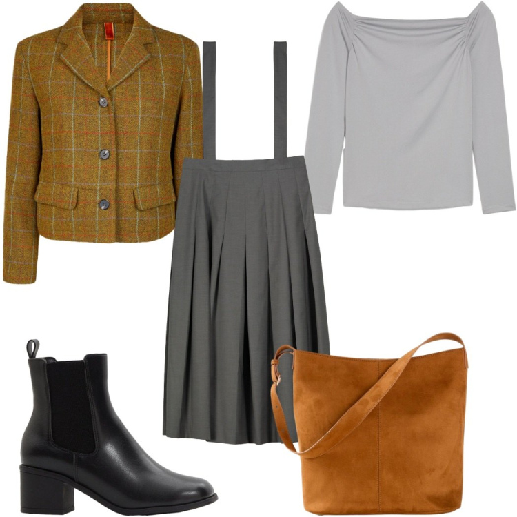 Outfit donna - Total look #2276164. Stile Trendy per Tutti i giorni. Abbinamento con maglieria, stivaletti, borse a mano, gonne lunghe, blazer.