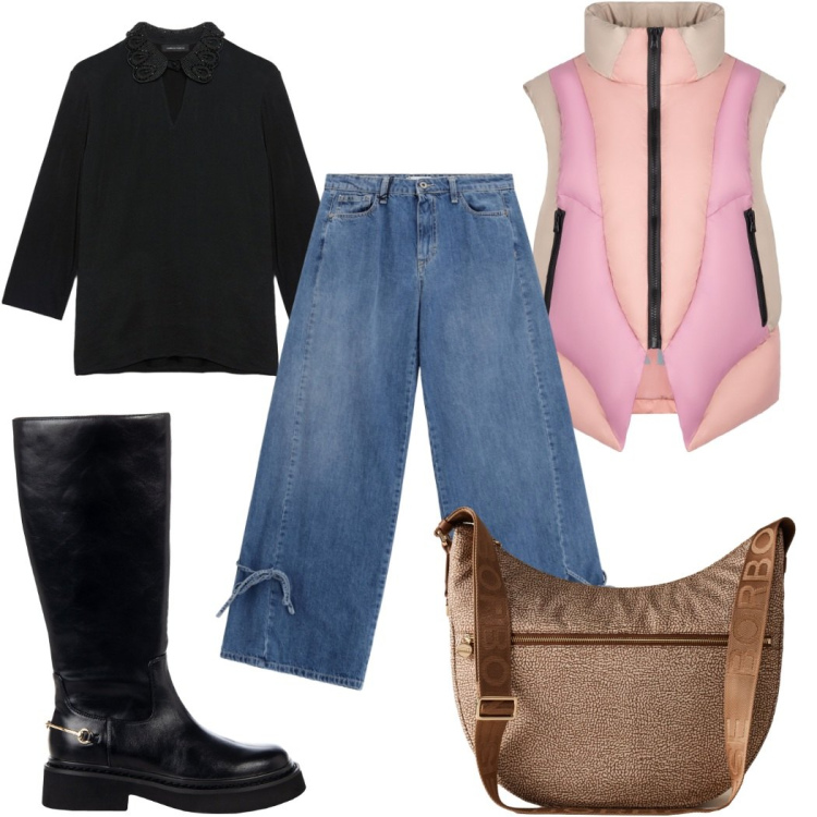 Outfit donna - Total look #2276166. Stile Casual per Tutti i giorni. Abbinamento con stivali sopra il ginocchio, jeans, piumini, borse a spalla, t-shirt.