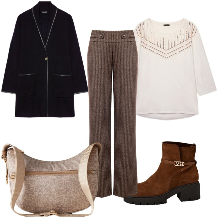 Outfit donna - Total look #2276168. Stile 70s per Tutti i giorni. Abbinamento con pantaloni, stivaletti, borse a spalla, cardigans, t-shirt.