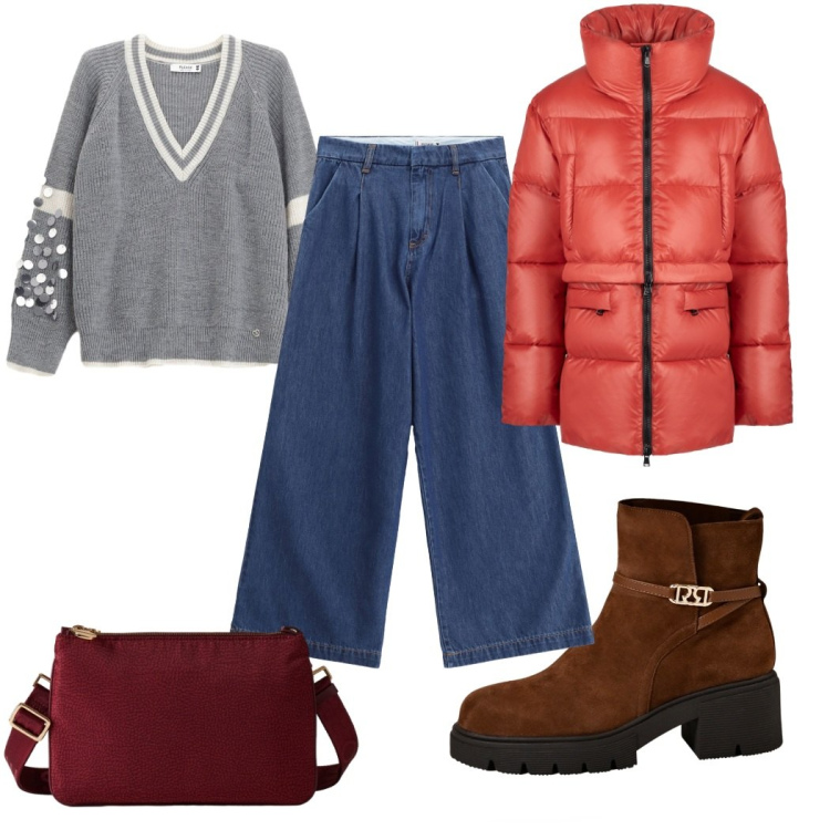 Outfit donna - Total look #2276169. Stile Casual per Tutti i giorni. Abbinamento con stivaletti, maglieria, jeans, piumini, borse a tracolla.