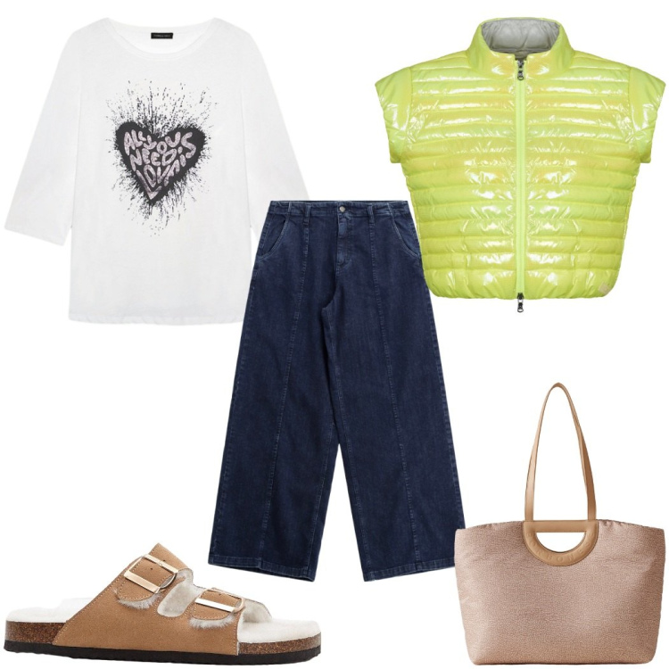 Outfit donna - Total look #2276171. Stile Trendy per Tutti i giorni. Abbinamento con pantofole, jeans, blazer, shopping bag, t-shirt.