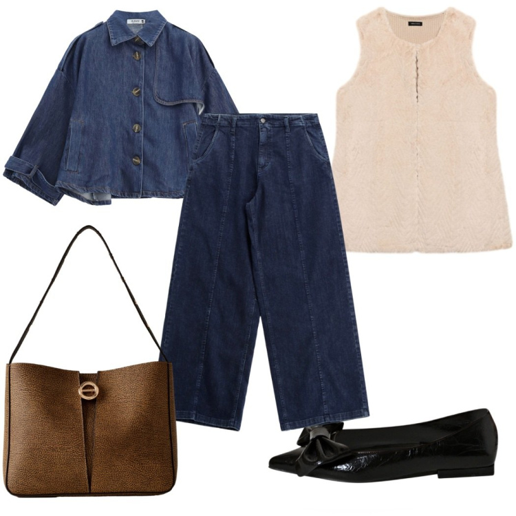 Outfit donna - Total look #2276172. Stile Trendy per Tutti i giorni. Abbinamento con ballerine, jeans, blazer, borse a secchiello, maglieria.