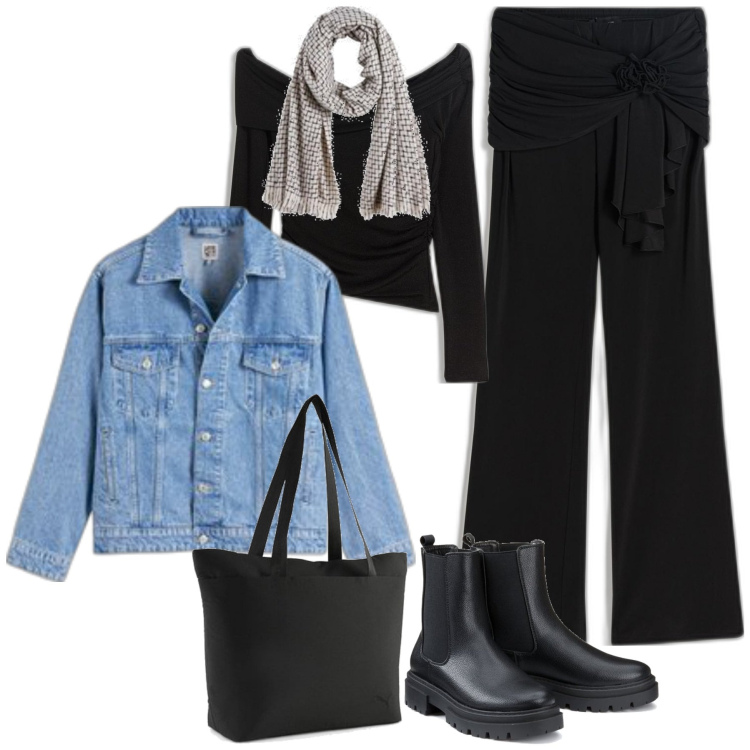 Outfit mujer - Casual #12267. Estilo Casual para Todos los días. Combinación con pantalones, botines chelsea, blazers, bolso tote, top, bufandas.