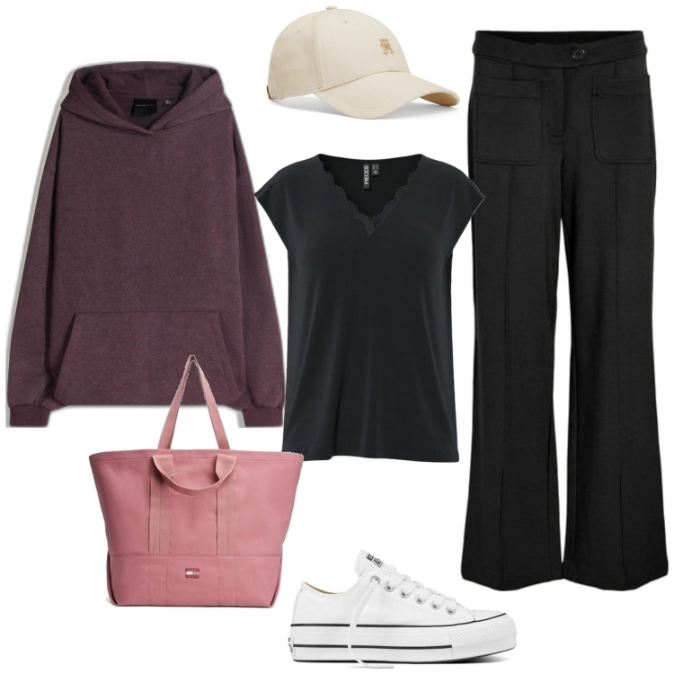 Outfit mujer - Basic #5864. Estilo Basic para Todos los días. Combinación con sneakers, camiseta, bolso tote, pantalones, sombreros, sudaderas con capucha.