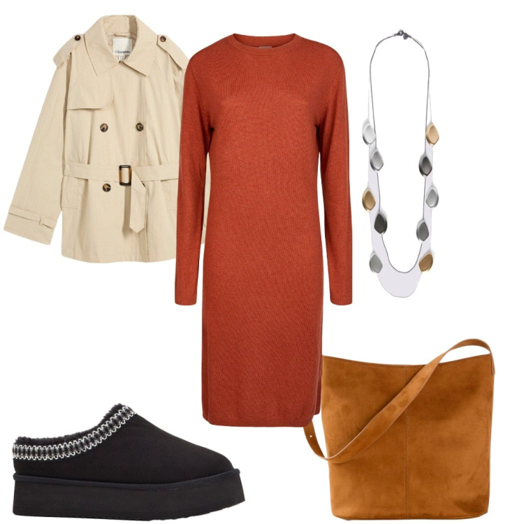 Outfit donna - Total look #2276177. Stile Minimal per Tutti i giorni. Abbinamento con trench, borse a mano, stivaletti, vestiti midi/longuette, collane.