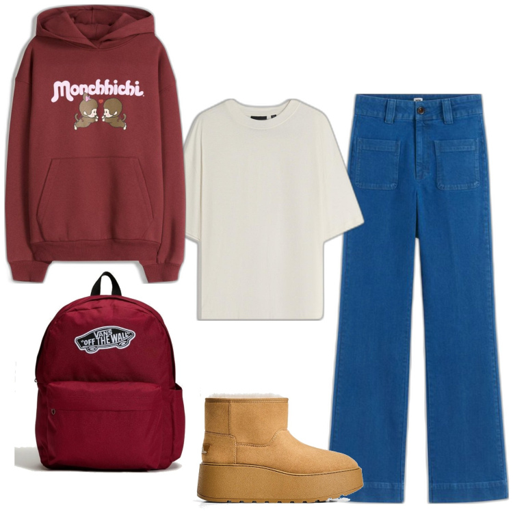 Outfit mujer - Basic #5865. Estilo Basic para Todos los días. Combinación con botines, sudaderas con capucha, vaqueros bootcut, camiseta, mochilas.