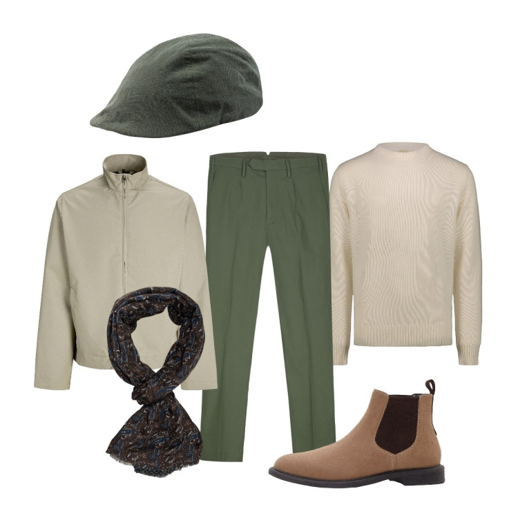 Outfit uomo - Total look #2276182. Stile Trendy per Tutti i giorni. Abbinamento con stivali e stivaletti, giacche, maglieria, cappelli con visiera, pantaloni, sciarpe.