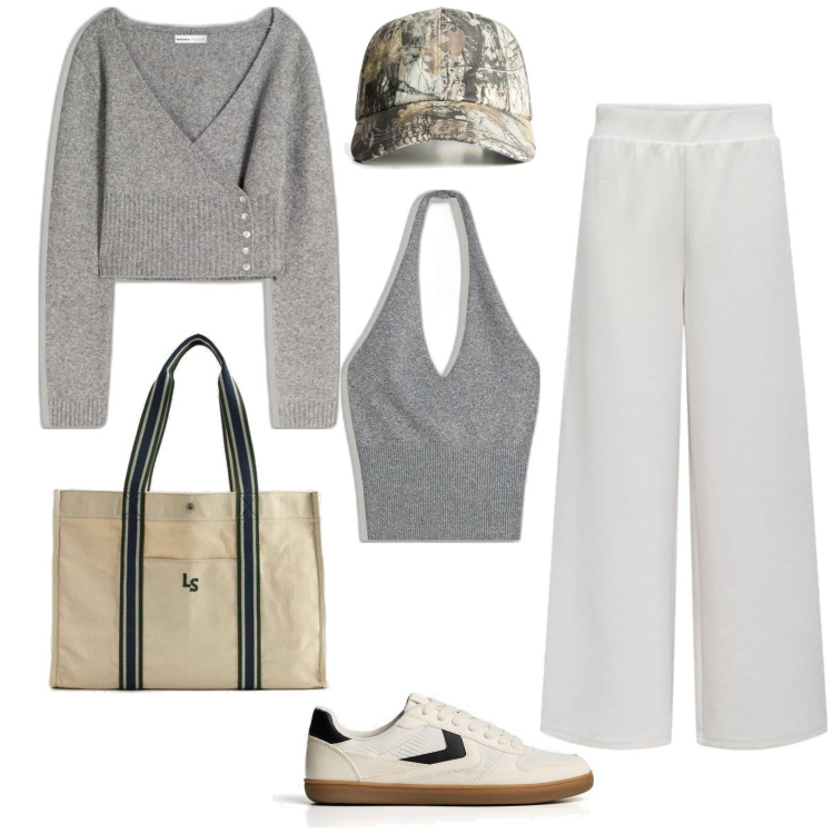 Outfit mujer - Basic #5867. Estilo Basic para Todos los días. Combinación con bolso tote, pantalones, sneakers, top, sombreros, cárdigans.