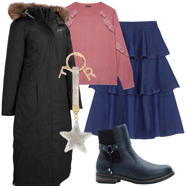 Outfit donna - Total look #2276188. Stile Casual chic per Tutti i giorni. Abbinamento con stivaletti chelsea, blazer, gonne lunghe, portachiavi, maglieria.