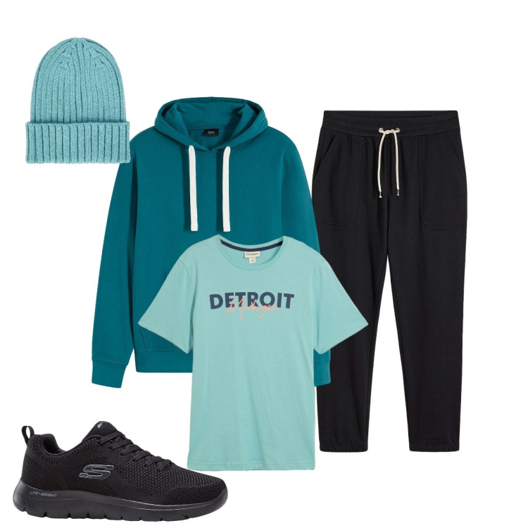 Outfit uomo - Total look #2276189. Stile Casual per Sport. Abbinamento con pantaloni sportivi, sneakers, felpe con cappuccio, t-shirt, berretti.