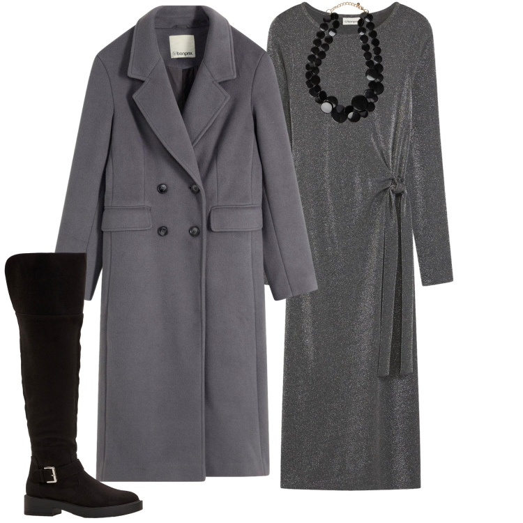 Outfit donna - Sera di ottobre. Stile Basic per Serata fuori. Abbinamento con cappotti, stivali sopra il ginocchio, vestiti, collane.