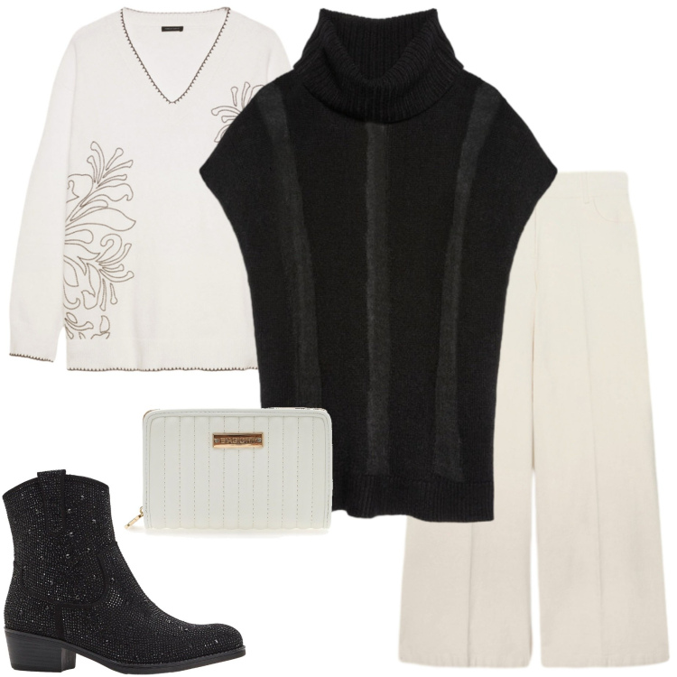 Outfit donna - Black and White. Stile Sporty chic per Serata fuori. Abbinamento con stivaletti texani, pantaloni a palazzo, gilet, portafogli, maglieria.