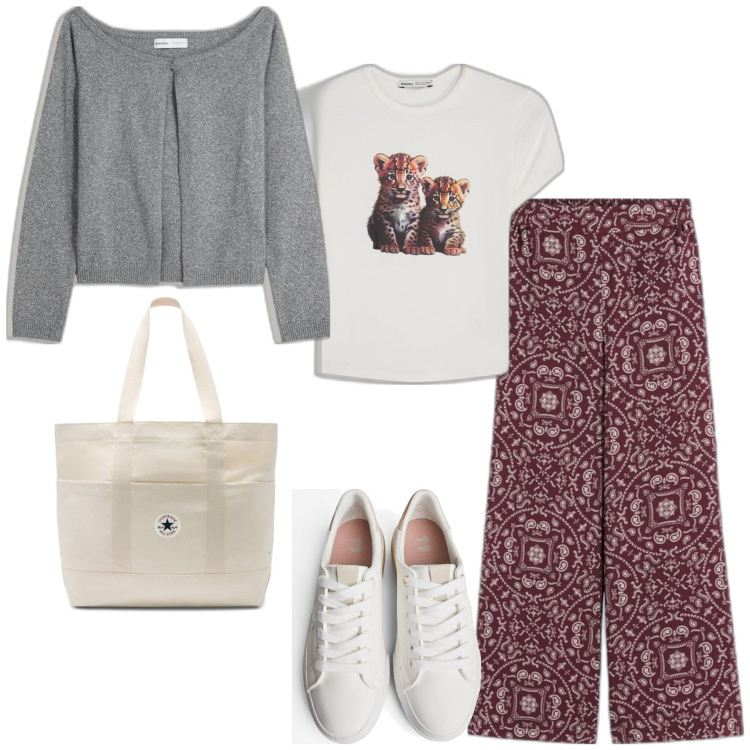 Outfit mujer - Casual #12271. Estilo Casual para Todos los días. Combinación con bolso tote, sneakers, blazers, pantalones, camiseta.