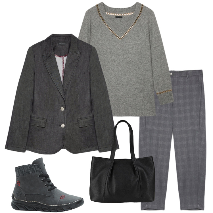 Outfit donna - Fine ottobre. Stile Urban per Tutti i giorni. Abbinamento con stivaletti, shopping bag, maglieria, pantaloni, blazer.