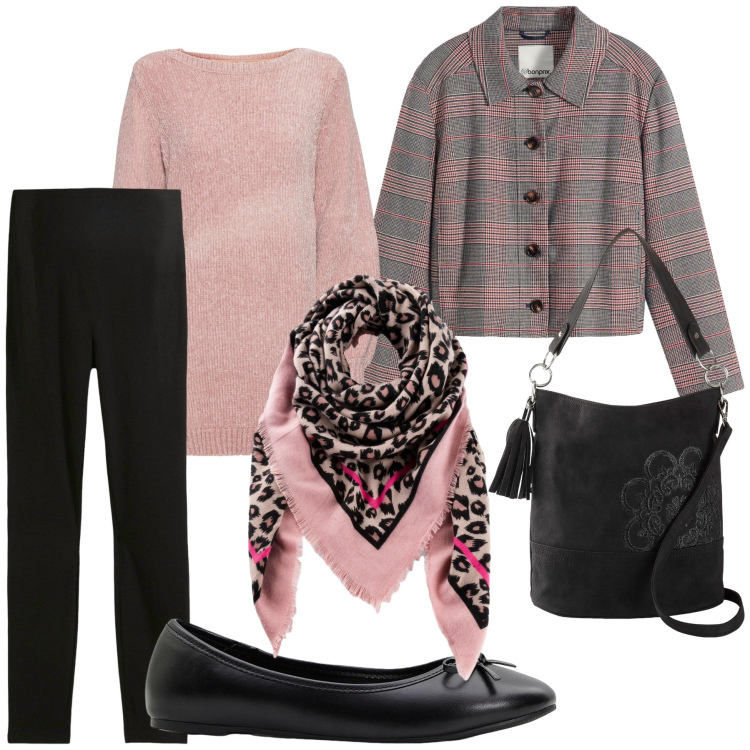 Outfit donna - Usciamo con amici. Stile Trendy per Tutti i giorni. Abbinamento con maglieria, ballerine, leggings, foulard, borse a mano, cappotti.