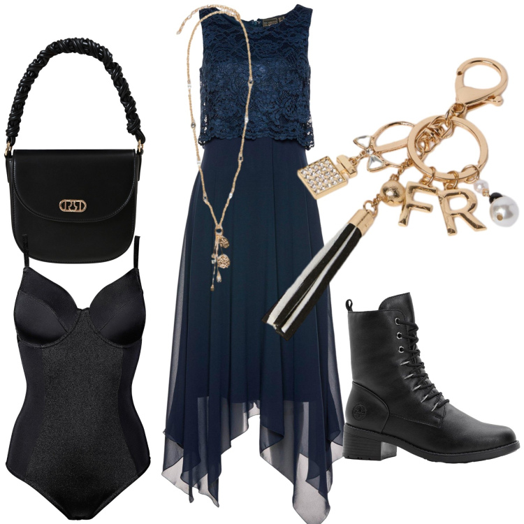 Outfit donna - Halloween night is here. Stile Glamour per Serata fuori. Abbinamento con vestiti midi/longuette, stivaletti, body, borse a mano, ciondoli, portachiavi.
