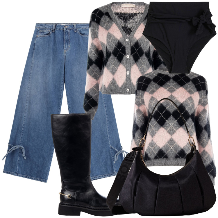 Outfit donna - Twins. Stile Sporty chic per Tutti i giorni. Abbinamento con culotte, cardigans, maglieria, stivali sopra il ginocchio, jeans, borse a spalla.