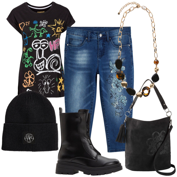 Outfit donna - Arte. Stile Casual chic per Tutti i giorni. Abbinamento con borse a mano, t-shirt, jeans, stivaletti, berretti, collane.