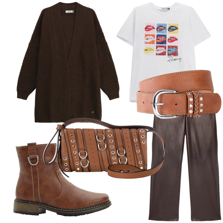 Outfit donna - Total look. Stile Casual per Tutti i giorni. Abbinamento con cinture, stivaletti, borse a spalla, t-shirt, cardigans, pantaloni.
