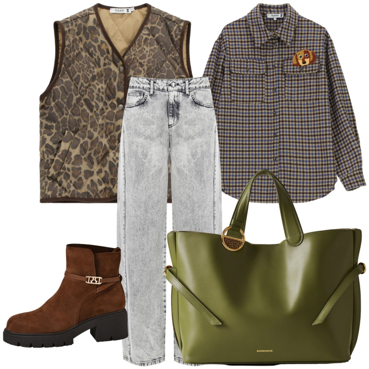 Outfit donna - Shopper verde per gli impegni. Stile Trendy per Tutti i giorni. Abbinamento con gilet, camicie, shopping bag, jeans, stivaletti.