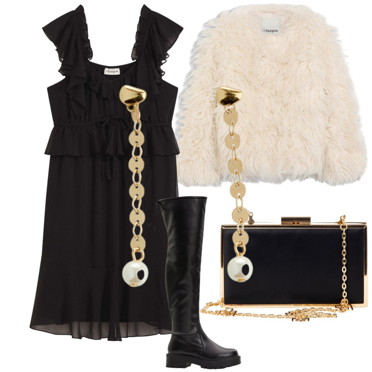 Outfit donna - Cuissards. Stile Glamour per Serata fuori. Abbinamento con vestiti, orecchini, ecopellicce, stivali sopra il ginocchio, pochette.