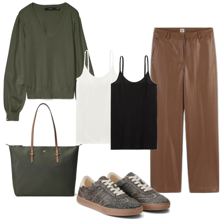 Outfit mujer - Trendy #8739. Estilo Trendy para Todos los días. Combinación con bolso tote, top, pantalones, prendas de punto, sneakers.