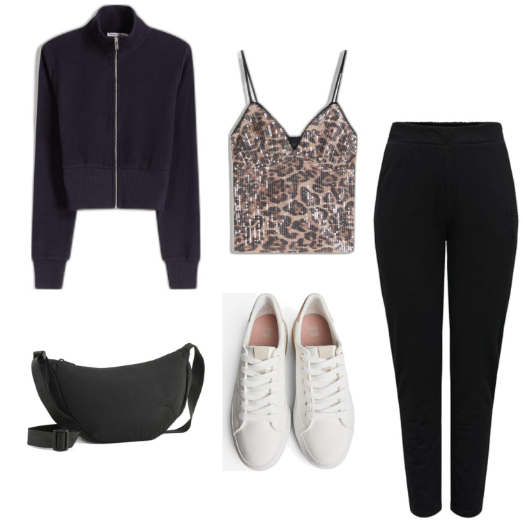 Outfit mujer - Sporty chic #3547. Estilo Sporty chic para Todos los días. Combinación con pantalones, bandoleras, sneakers, sudaderas, top.