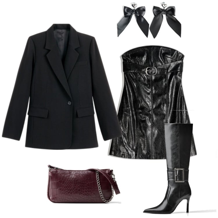 Outfit mujer - Rock #963. Estilo Rock para Noche/Fiesta elegante. Combinación con bolsos de mano, blazers, botas, vestidos cortos, pendientes.