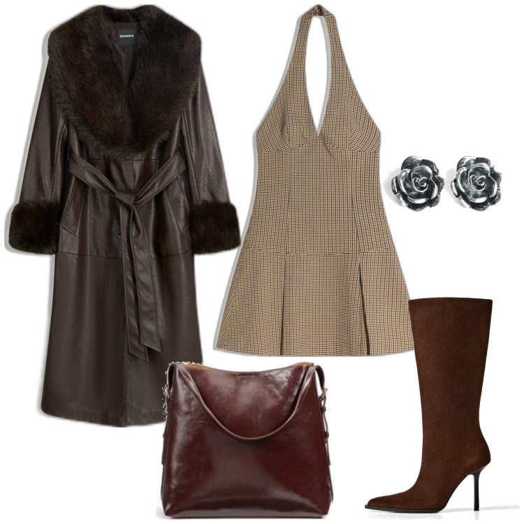 Outfit mujer - Chic #11832. Estilo Chic para Noche/Fiesta elegante. Combinación con bolso tote, botas, abrigos, pendientes, vestidos cortos.