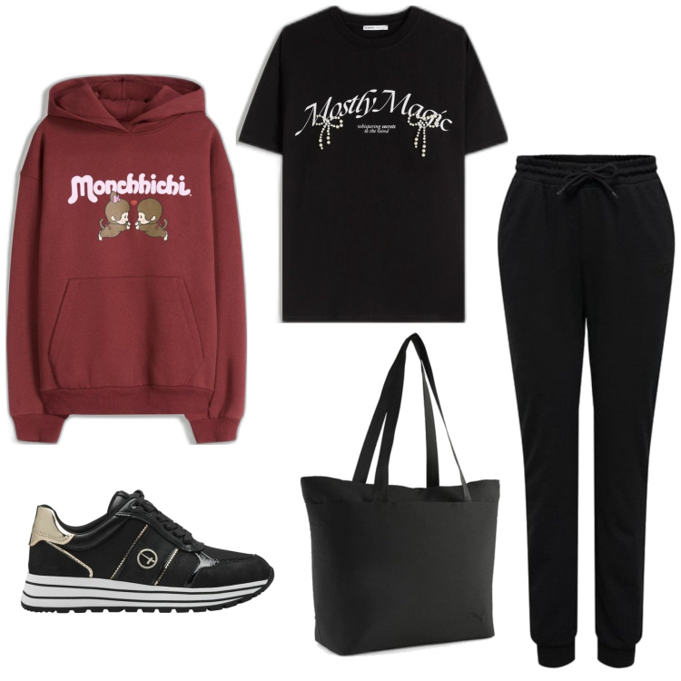 Outfit mujer - Basic #5870. Estilo Basic para Todos los días. Combinación con bolso tote, pantalones, sneakers, sudaderas con capucha, camiseta.