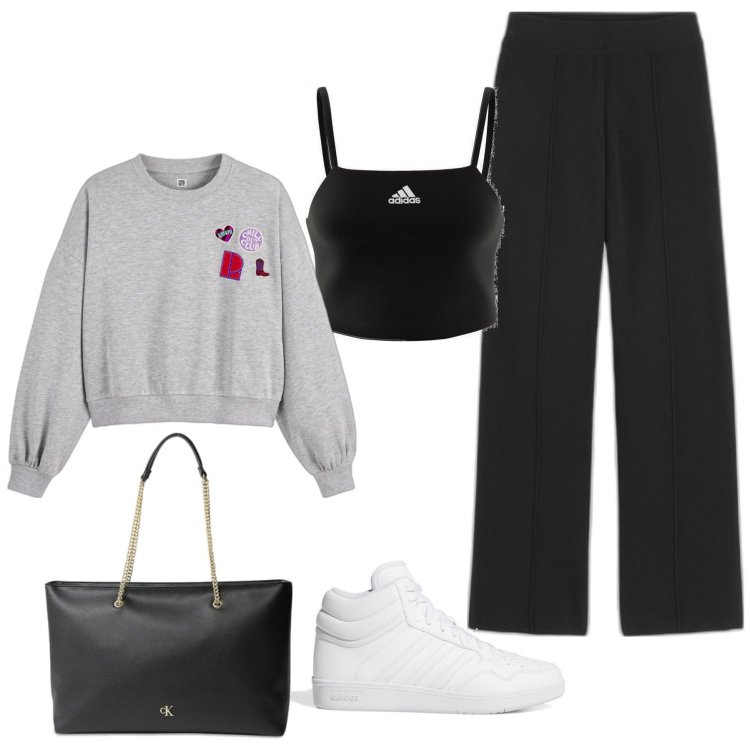 Outfit mujer - Basic #5872. Estilo Basic para Todos los días. Combinación con top, sneakers, sudaderas, bolso tote, pantalones.