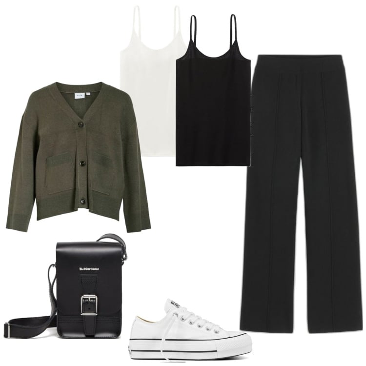 Outfit mujer - Casual #12273. Estilo Casual para Todos los días. Combinación con sneakers, top, pantalones, cárdigans, bolsos de mano.