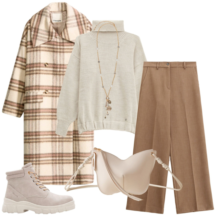 Outfit donna - Appuntamento al bistrot. Stile Casual per Tutti i giorni. Abbinamento con stivaletti, cappotti, pantaloni, maglieria, borse a tracolla, ciondoli.