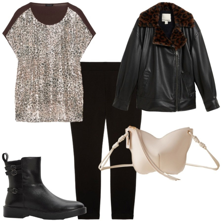 Outfit donna - La blusa scintillante. Stile Glamour per Serata fuori. Abbinamento con stivaletti, bomber, borse a tracolla, bluse, leggings.