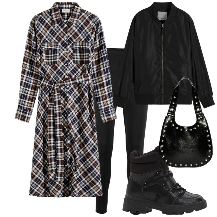 Outfit donna - Layering rock. Stile Rock per Tutti i giorni. Abbinamento con vestiti chemisier, bomber, leggings, stivaletti, borse a spalla.