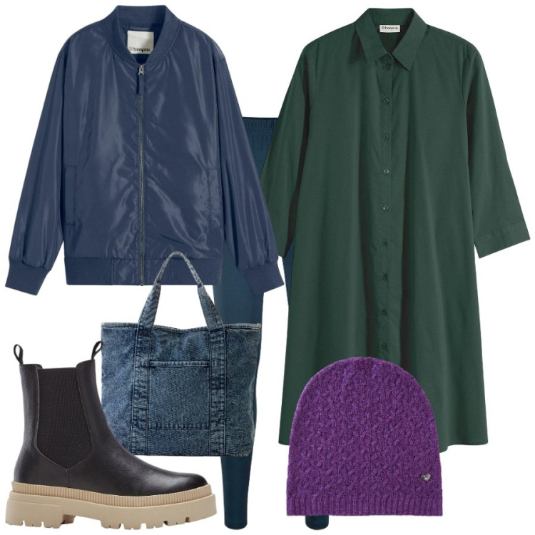 Outfit donna - Layering in città. Stile Military per Tutti i giorni. Abbinamento con stivaletti chelsea, leggings, berretti, shopping bag, vestiti chemisier, bomber.