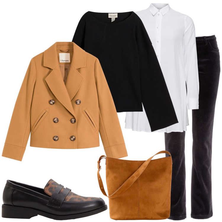 Outfit donna - Un tocco di colore. Stile Casual chic per Ufficio. Abbinamento con pantaloni, mocassini, camicie, caban, borse a mano, maglieria.