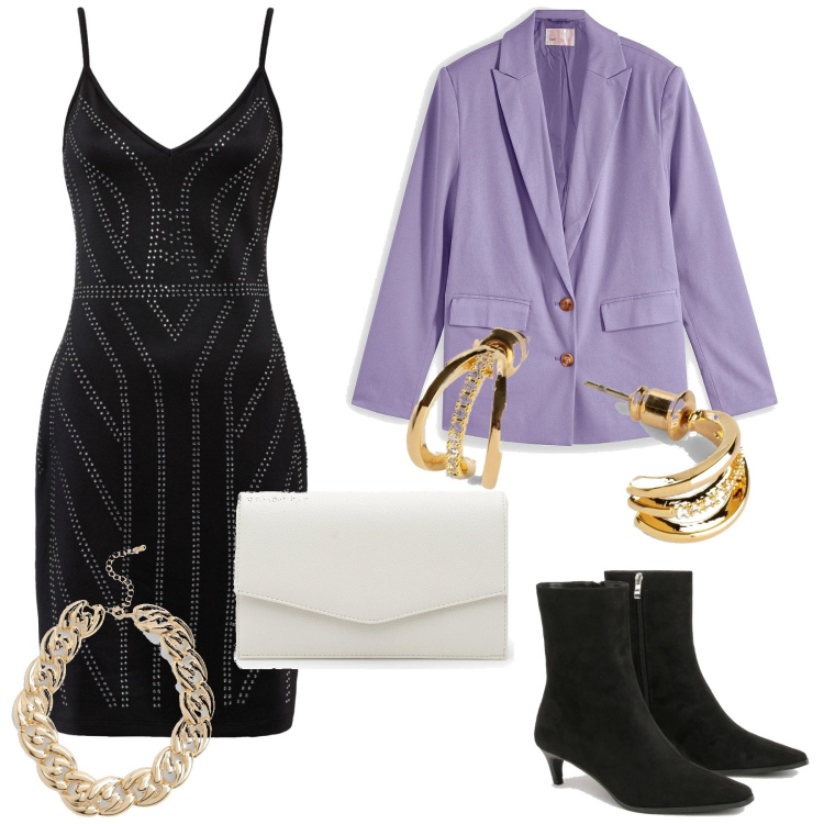 Outfit femme - Casual chic #17768. Style Casual chic pour Soirée dehors. Assortir avec blazers, boucles d'oreilles, robes, pochette, colliers, bottines.