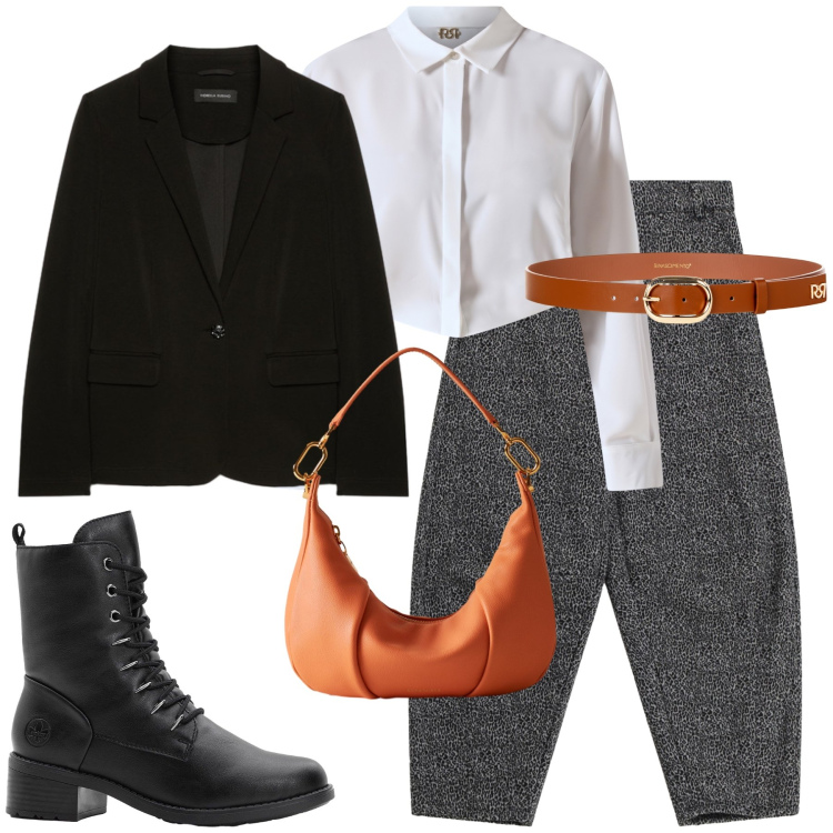 Outfit donna - Spezzare la monotonia. Stile Glamour per Tutti i giorni. Abbinamento con stivaletti, cinture, camicie, pantaloni, borse a spalla, blazer.