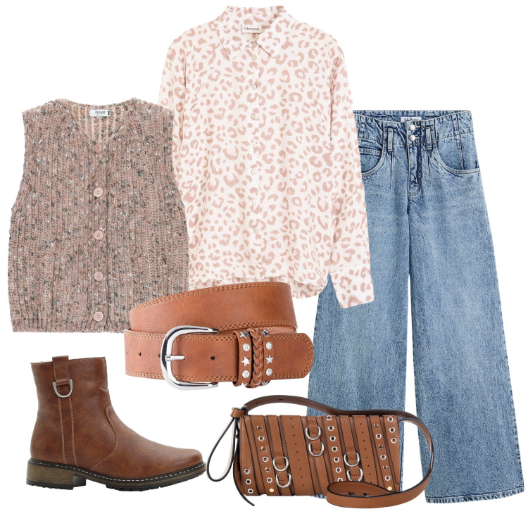 Outfit donna - Total look #2276246. Stile Casual per Tutti i giorni. Abbinamento con cinture, jeans, stivaletti, camicie, borse a spalla, gilet.